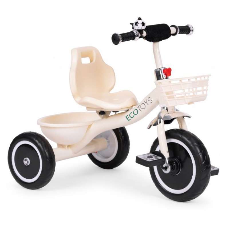 Tricikl sa neklizajućim rukohvatima, zvoncem i korpom, Beige Eco Toys
