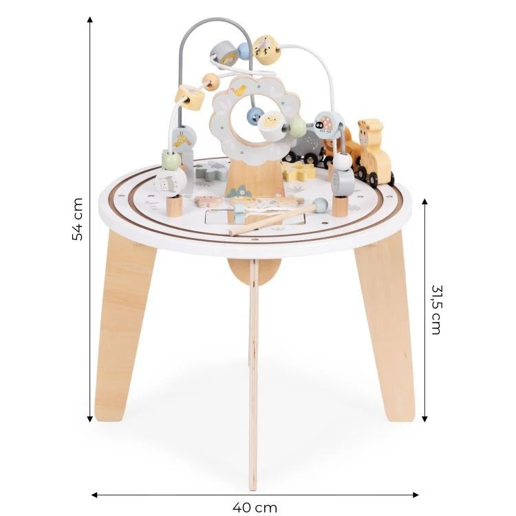 Drveni 5u1 edukativni interaktivni sto za decu lavirint, perlice na žici (rolerkoster), vozić, ogledalo Eco Toys