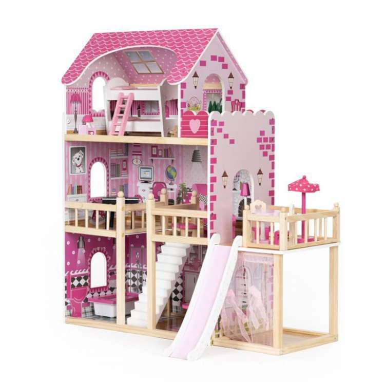 Drvena kućica za lutke sa terasom i toboganom 18el. Eco Toys