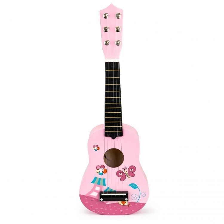 Drvena gitara za decu sa metalnim žicama pink Eco Toys