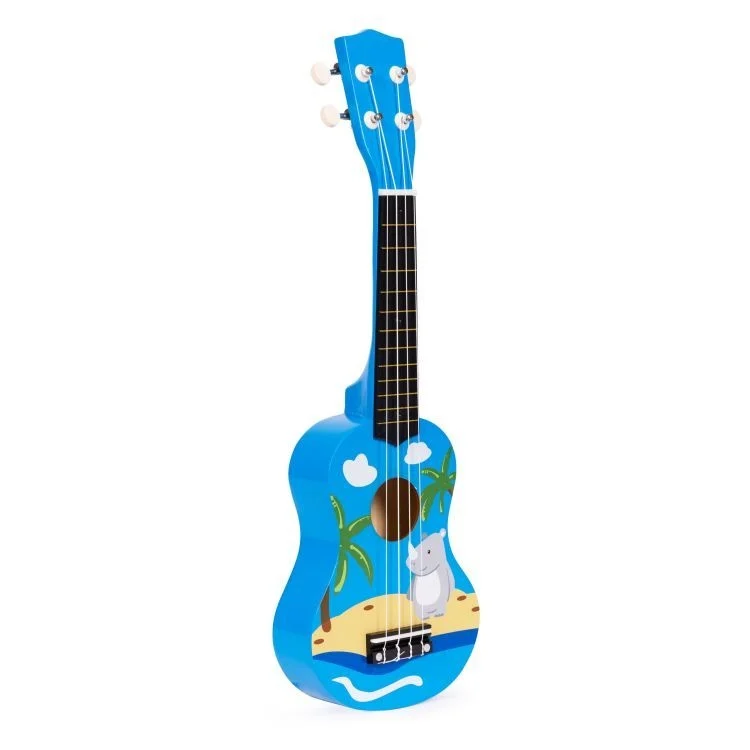 Ukulele drvena gitara za decu sa 4 najlonske žice i trzalicom plava Eco Toys