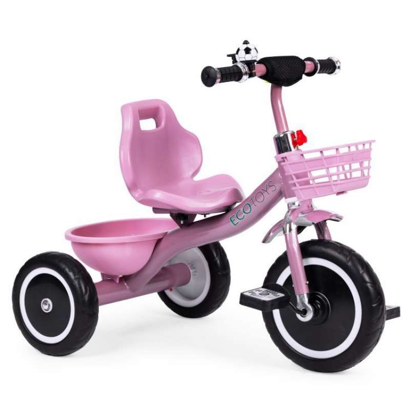 Tricikl sa neklizajućim rukohvatima, zvoncem i korpom, Pink Eco Toys