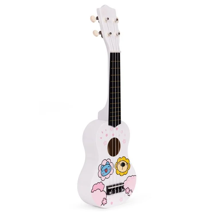 Ukulele drvena gitara za decu sa 4 najlonske žice i trzalicom bela Eco Toys